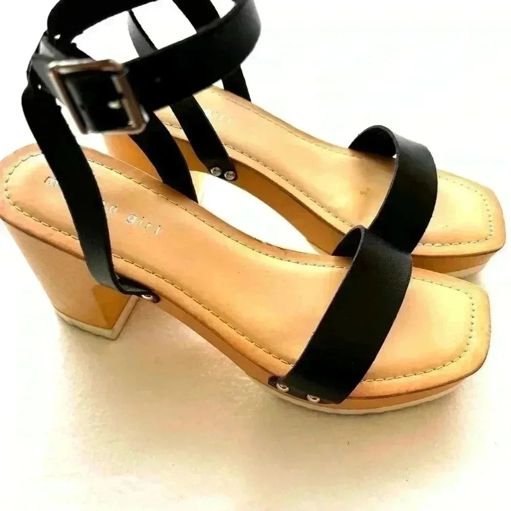 Madden Girl Black/Tan Retro “70’s”Studded‎ Platform Chunky Block Heels size 9
